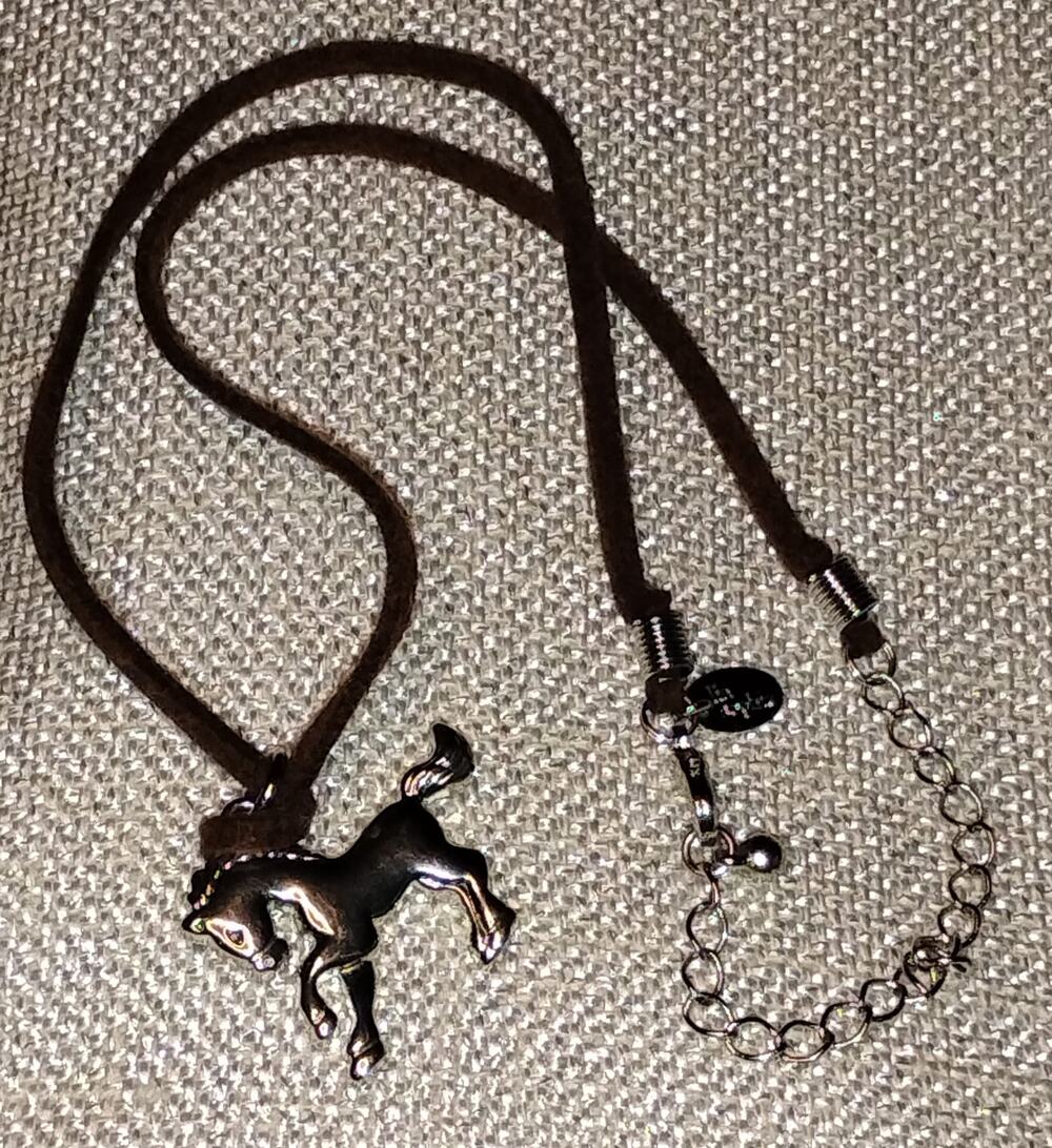 Retired Lia Sophia Horse Pendant Necklace Brown Suede Cord Signed Silver Tone